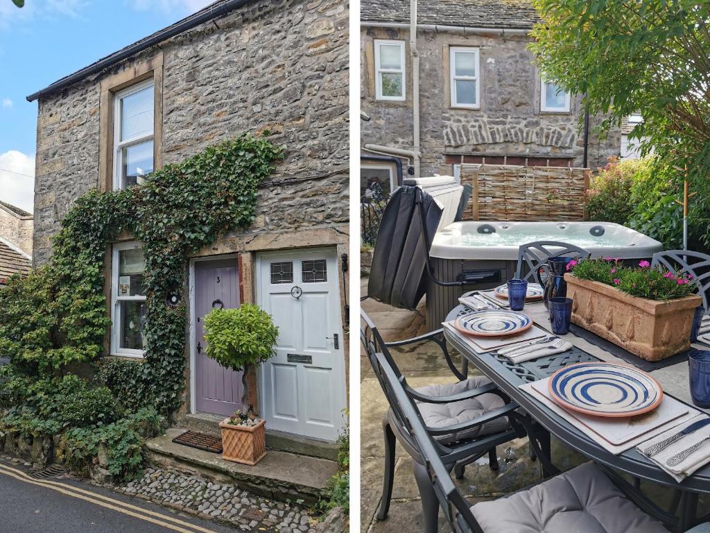 two pictures of a house with a table and a grill at End Cottage in Skipton