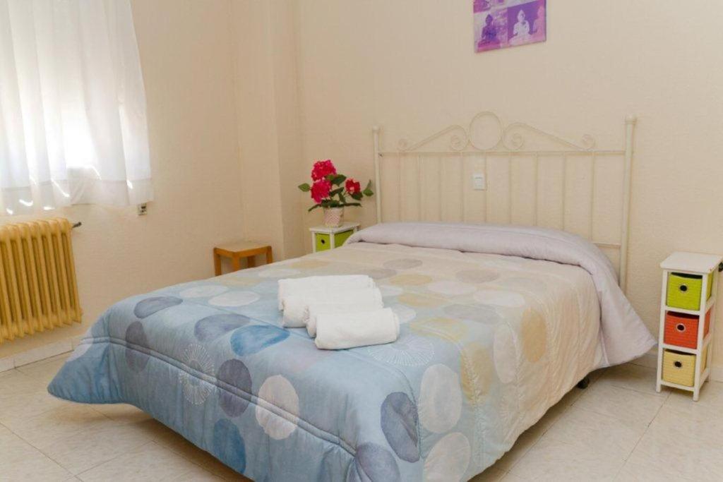 セゴビアにあるHostales Sol-Cristina y Sol-Cristina Dosのベッドルーム1室(ベッド1台、タオル2枚付)