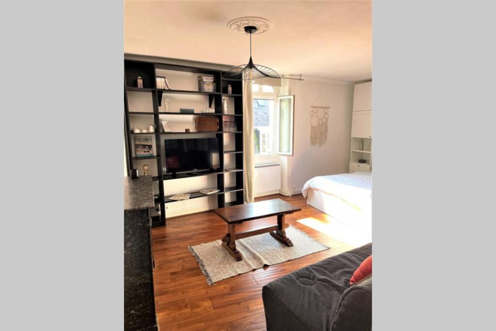 a living room with a bed and a coffee table at Appartement cosy in Vannes