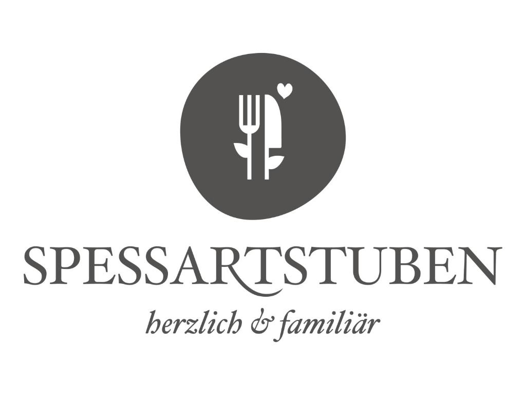 un logo per un ristorante con forchetta e coltello di Hotel Spessartstuben a Haibach