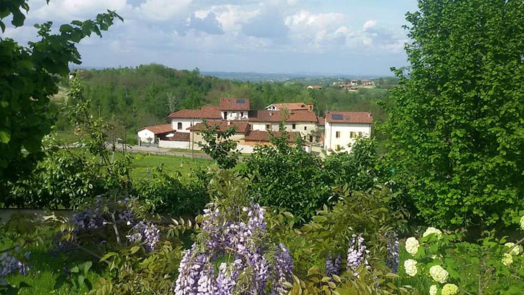 a garden with flowers and houses in the background at Azienda Agricola Cascina Monticone in Ferrere