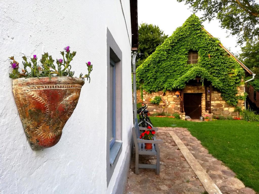 a pot of flowers on the side of a house at Henye Vintage Home a Káli-medencében in Balatonhenye