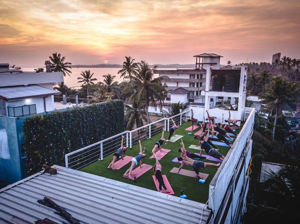 un grupo de personas haciendo yoga en el techo de un edificio en The Surfer Sri Lanka - Surf Camp, en Weligama