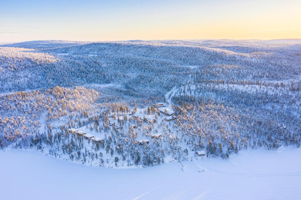 an aerial view of a forest in the snow at Wilderness Hotel Nangu & Igloos in Ivalo