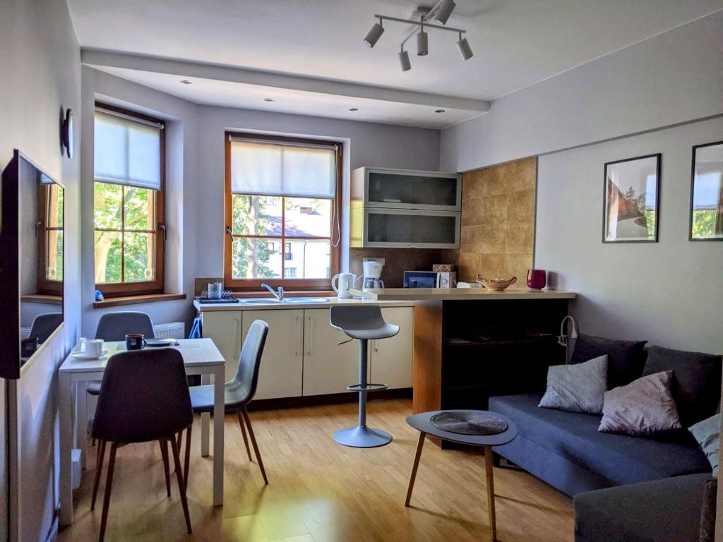 a kitchen and living room with a couch and a table at Apartament 24 in Karpacz