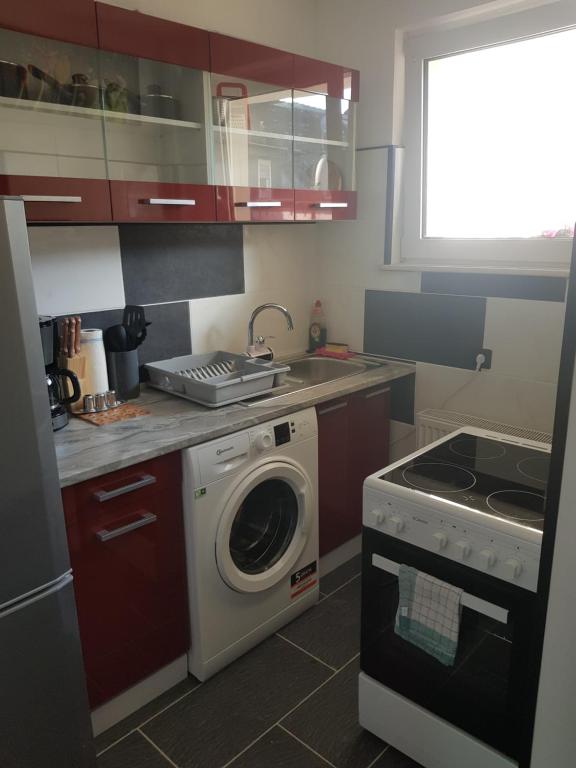 eine Küche mit einer Waschmaschine und einem Waschbecken in der Unterkunft Duisburg Beeck in Duisburg