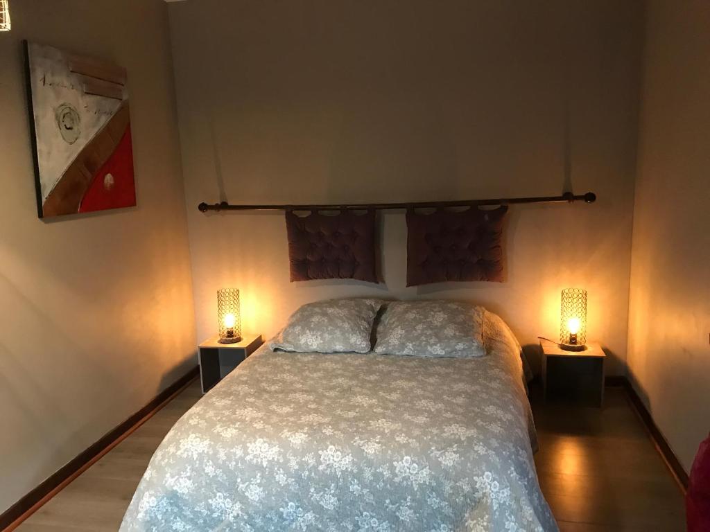 ein Schlafzimmer mit einem Bett und zwei Lampen an zwei Tischen in der Unterkunft 7 Métris in Corre