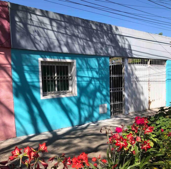 - un bâtiment bleu et blanc avec une fenêtre et des fleurs dans l'établissement La Susy, à Salto