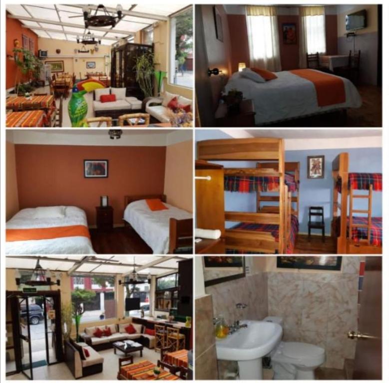 a collage of four pictures of a hotel room at Hostal Bolívar Inn in Quito