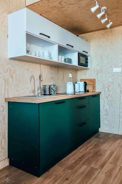 Minimal kitchenette featuring dark green base cabinets, wooden countertop and small appliances.