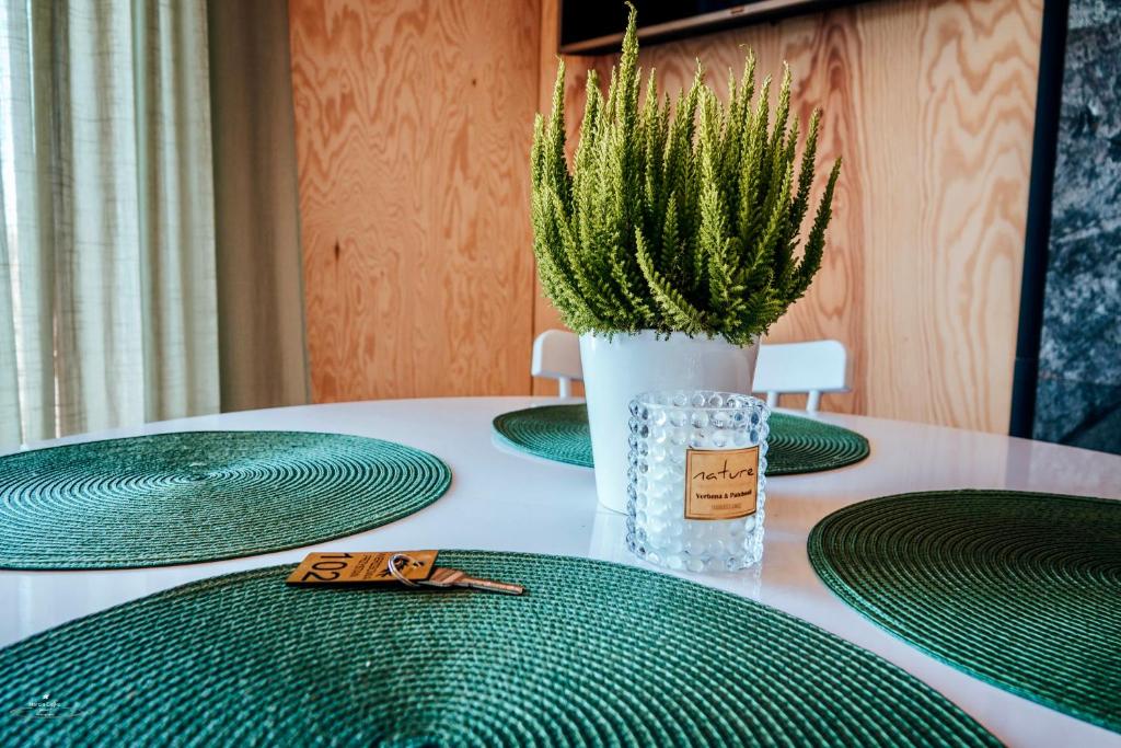 Close-up white table set with green woven placemats, potted plant and room key.