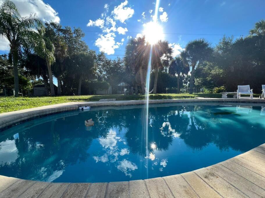 una piscina con una fuente en un patio en Pool house with one of a kind Garden en Melbourne