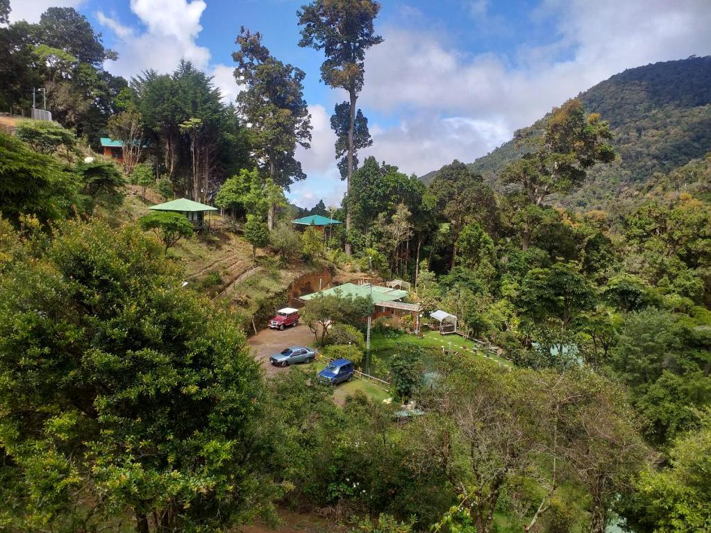 a view of a mountain with cars parked in a park at Las Cataratas Lodge in San Gerardo de Dota