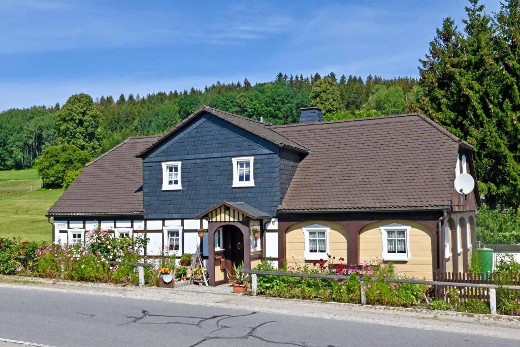 a house with a black roof on a street at Ferienwohnung Tammer in Schirgiswalde