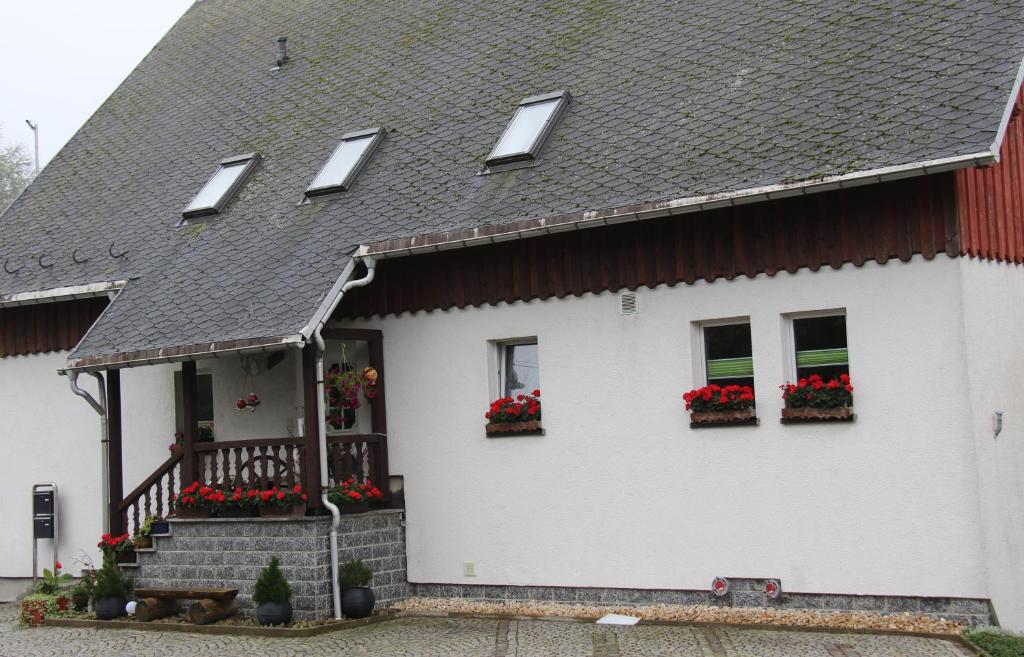 a white house with red flowers in windows at Ferienwohnung Löffler Nassau-Erzgebirge in Frauenstein