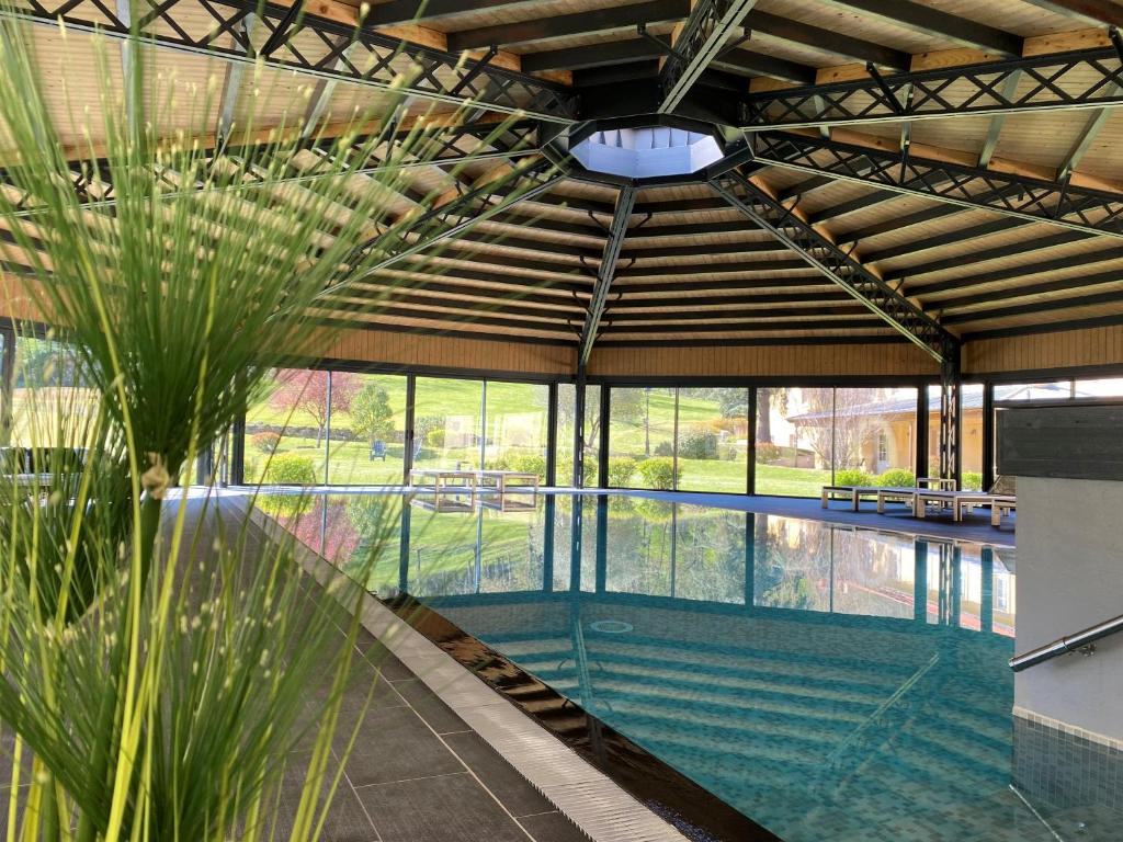 an indoor pool with a palm tree in a building at Le 1837 in Saint-Affrique