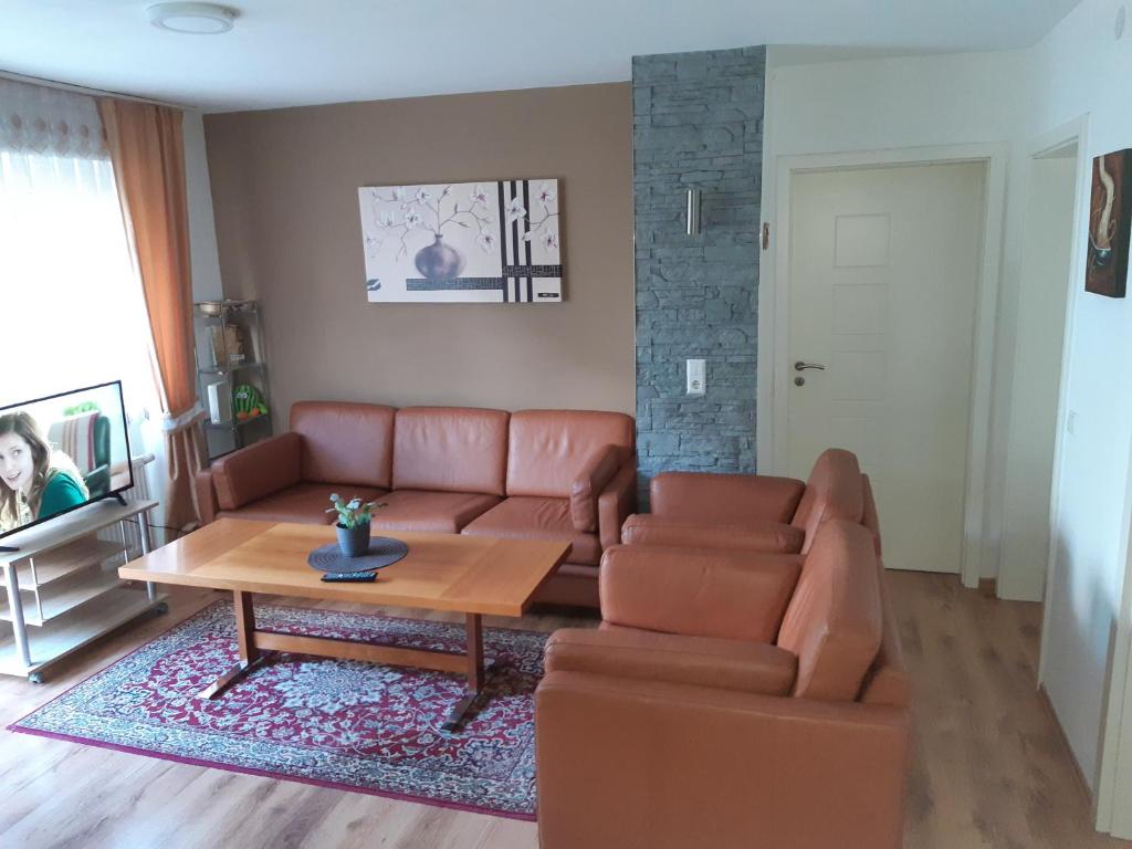 a living room with a couch and a table at Drei Zimmer Apartment am Rhein in Bad Säckingen