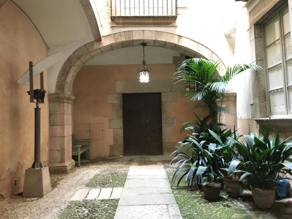 an entrance to a building with a black door and plants at Allotjament Barri Vell Girona in Girona