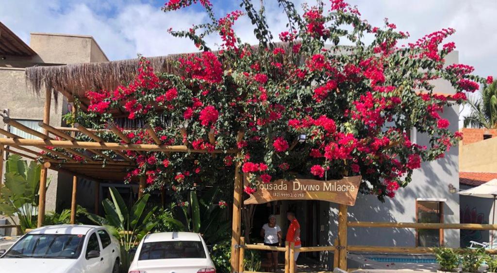 a building with a bunch of red flowers on it at Pousada Divino Milagre in Passo de Camarajibe