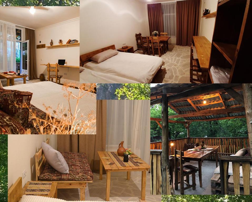 a collage of photos of a bedroom and a living room at Bjnihouse, guest house in Bjni