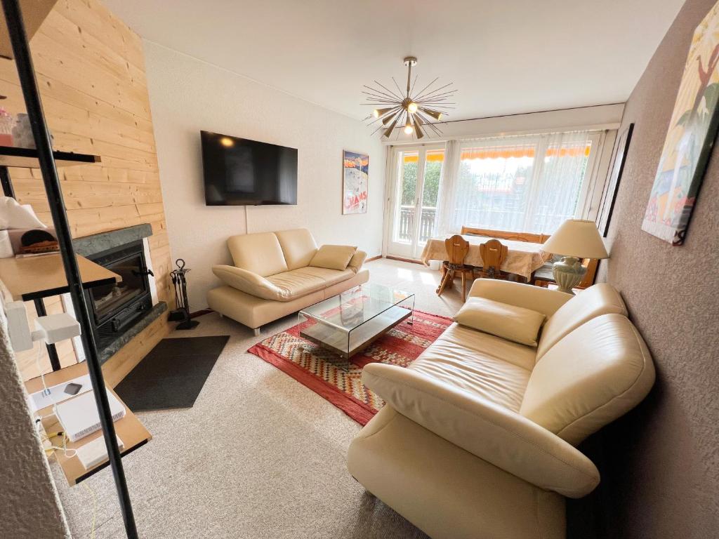 a living room with a couch and a fireplace at Bel appartement 3 pièces au pied des pistes de ski in Crans-Montana