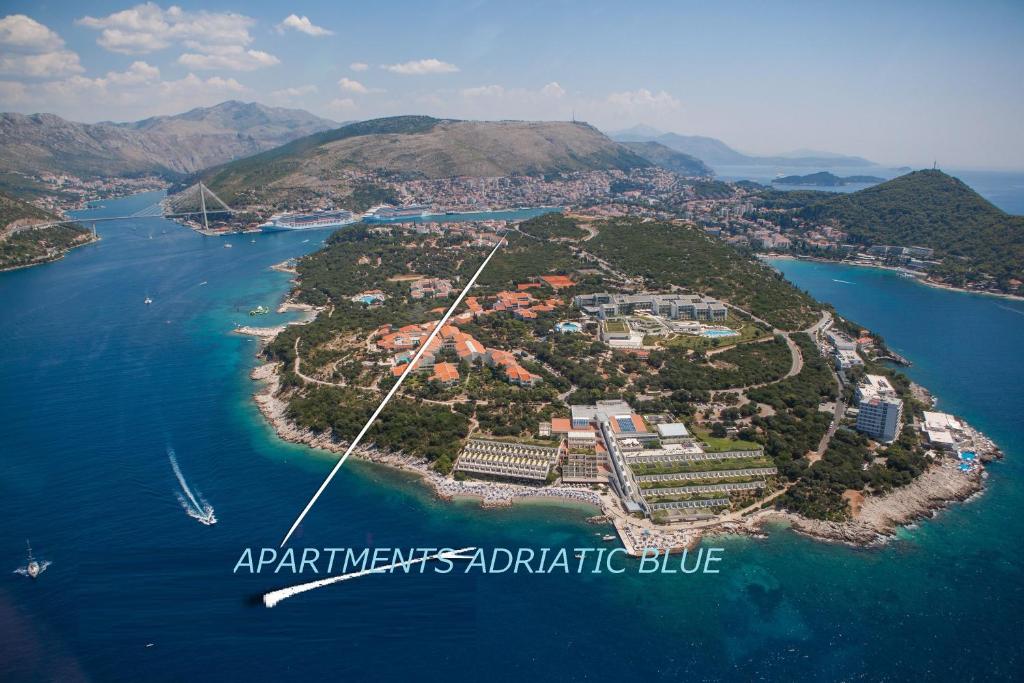 an aerial view of an island in the water at Apartments Adriatic Blue in Dubrovnik