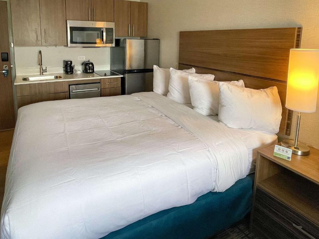 - un grand lit blanc dans une chambre d'hôtel dans l'établissement MainStay Suites Oak Brook Terrace - Chicago, à Oakbrook Terrace