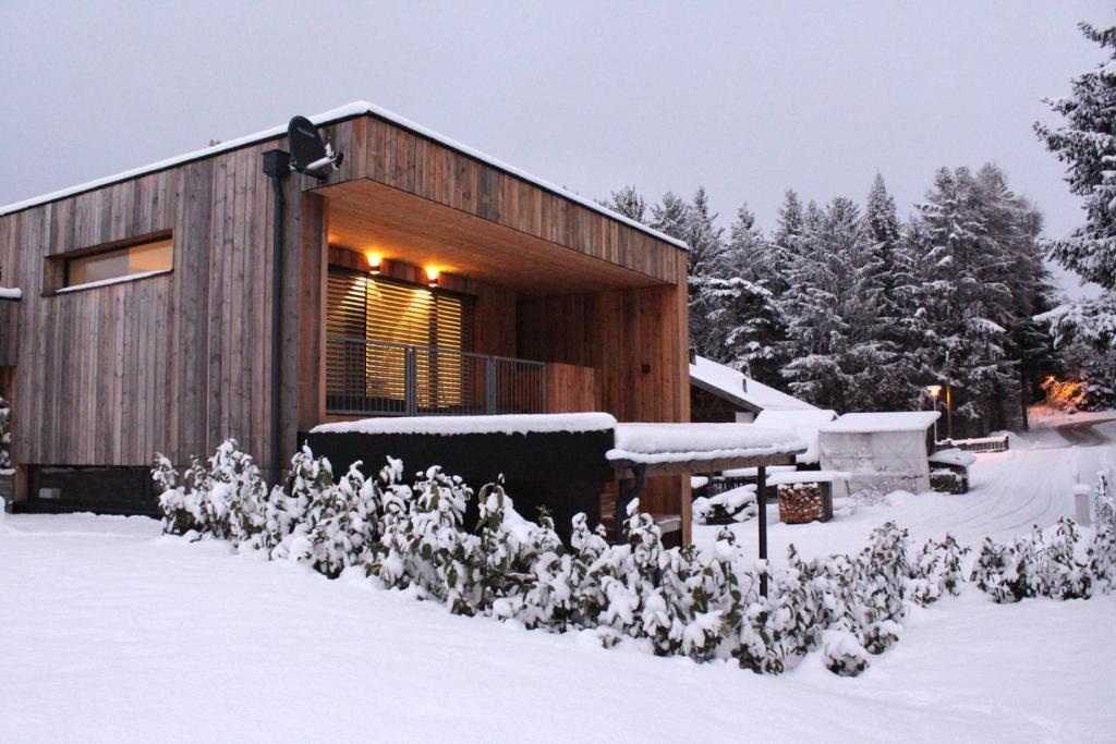 drewniany dom w śniegu z drzewami w obiekcie Chalet M&M w mieście Innsbruck