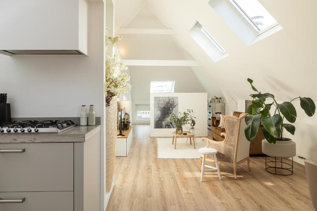 a kitchen and living room with a skylight at Huize Copes apartment Den Haag, 2 bed, 2 bath in The Hague
