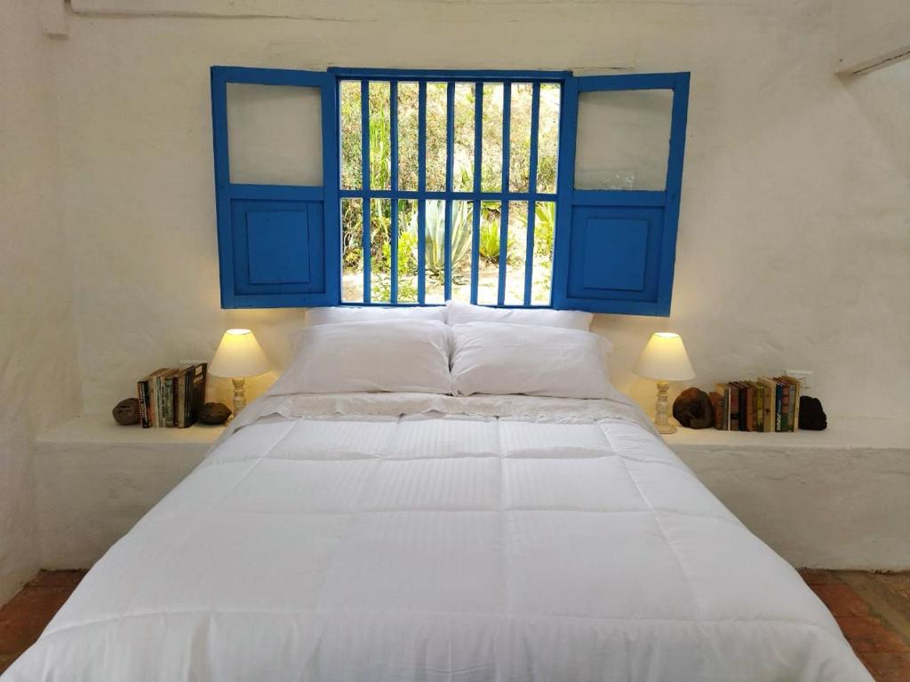 a bedroom with a bed with a blue window at El Oteo Tiny house. in Villa de Leyva