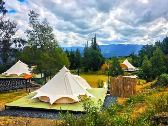 a group of tents on a field with trees at Glampwild Zaquencipa in Villa de Leyva
