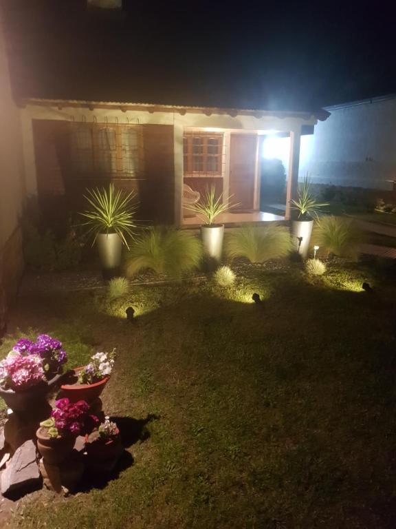 a house with potted plants in the yard at night at Casa Meli in San Rafael
