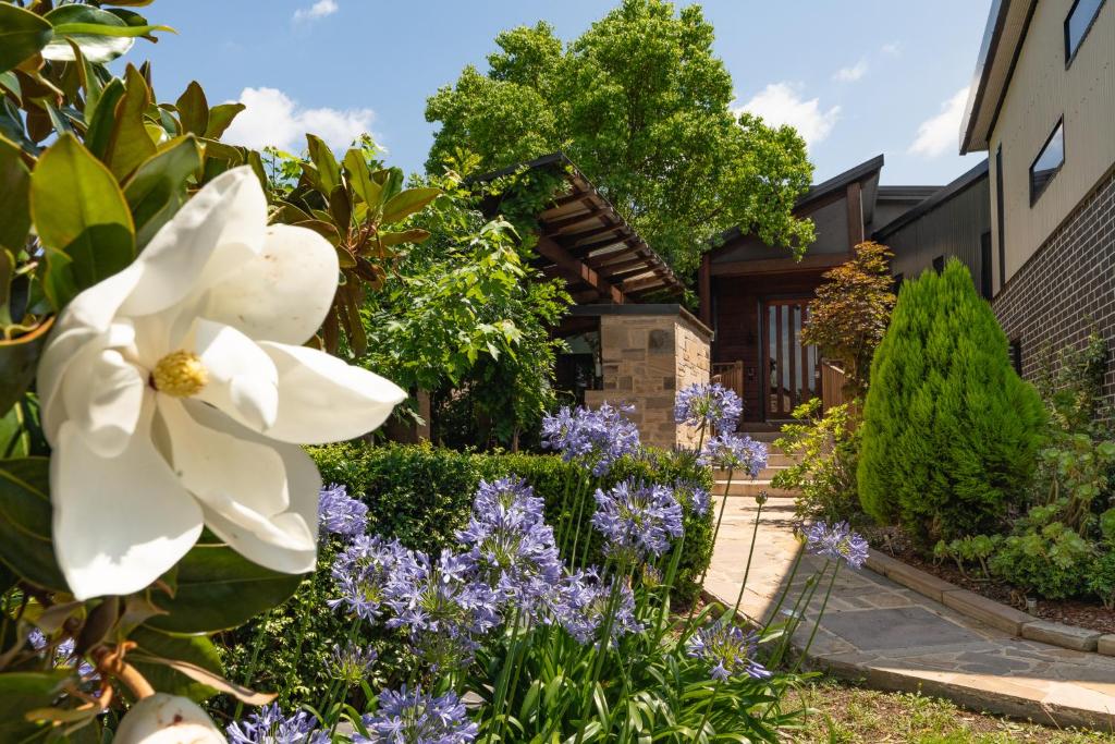 un jardín con una flor blanca frente a una casa en Eco Garden Retreat, en Millfield
