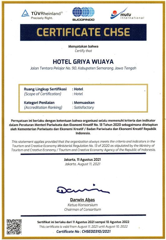 Certifikát, hodnocení, plakát nebo jiný dokument vystavený v ubytování Hotel Griya Wijaya
