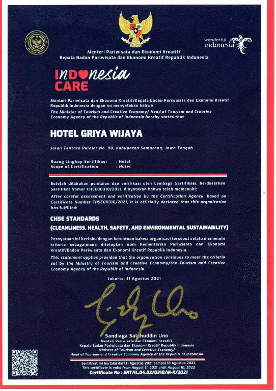 Certifikát, hodnocení, plakát nebo jiný dokument vystavený v ubytování Hotel Griya Wijaya