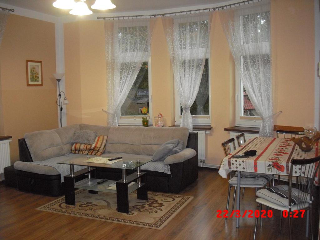a living room with a couch and a table at Apartament Rodzinny Hana in Kudowa-Zdrój