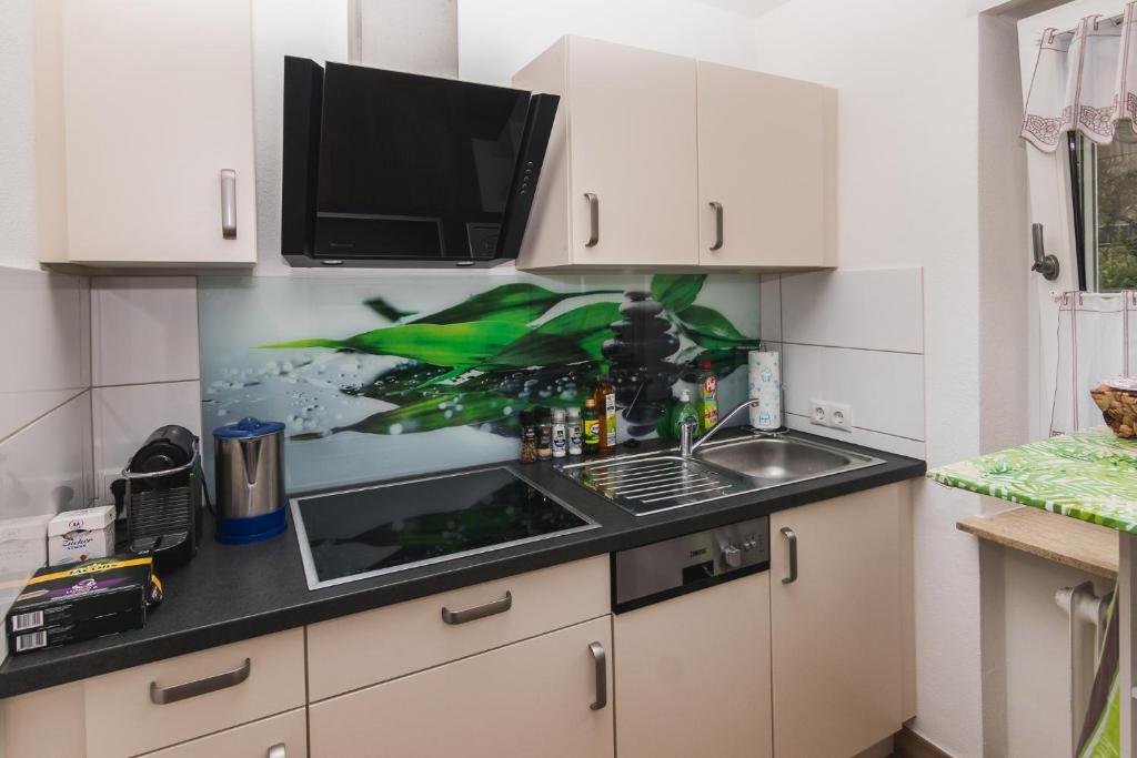 a kitchen with a sink and a microwave at Ferienwohnung in dem schönen Kurort Bad Dürkheim in Bad Dürkheim