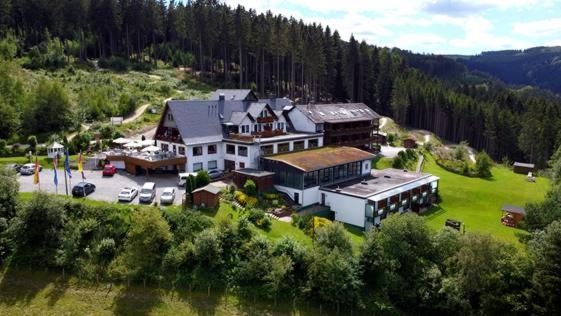 an aerial view of a large house in the mountains at Wald Hotel Willingen in Willingen