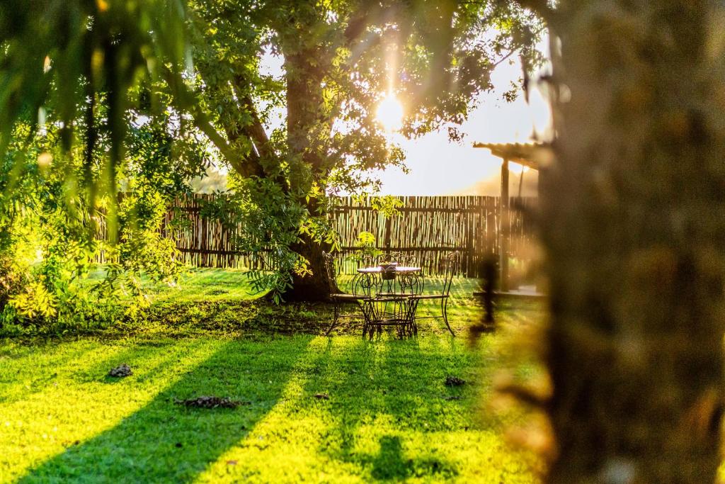 a table and chairs in a yard with a tree at Winterton Country Lodge @ Rose Cottage in Winterton