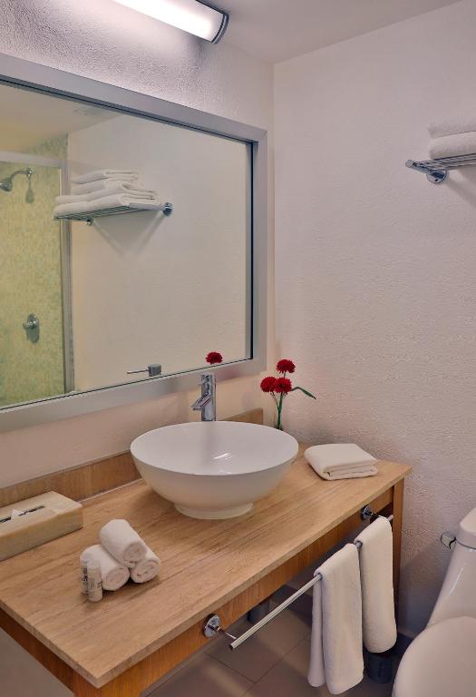 a bathroom with a sink and a large mirror at Adhara Express in Cancún