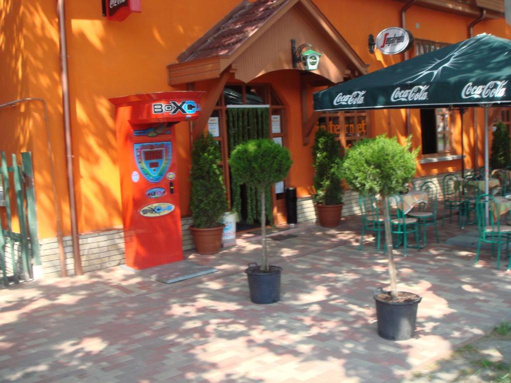 a coke machine sitting outside of a building with potted plants at Platán Panzió in Nagyszénás
