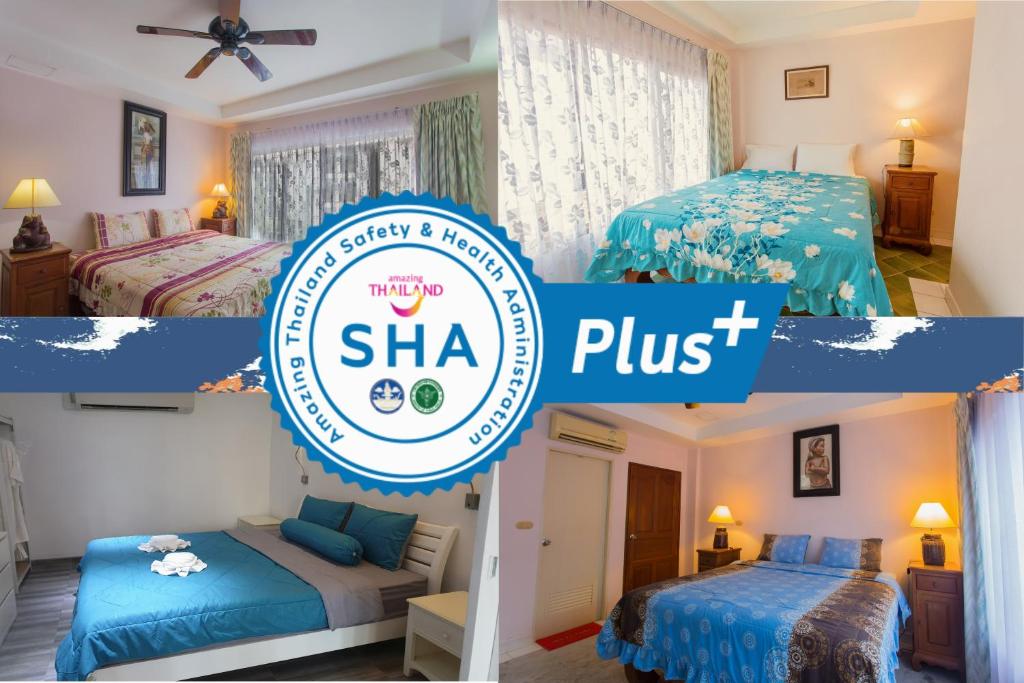 a hotel room with two beds and a sha pil trust logo at BE Rendez Vous Hotel in Patong Beach