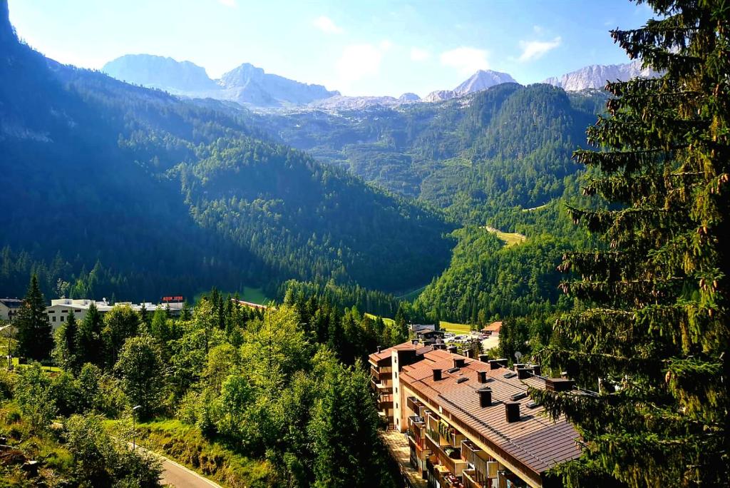 uma vista para um vale montanhoso com um edifício em View-stunning 2 BR apartment in the heart of Alps em Sella Nevea