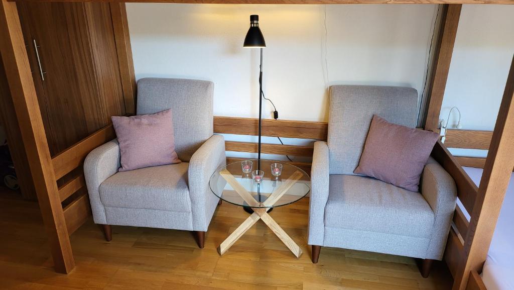 dwa krzesła i szklany stół w pokoju w obiekcie Magic Apartment Arber w mieście Zwiesel