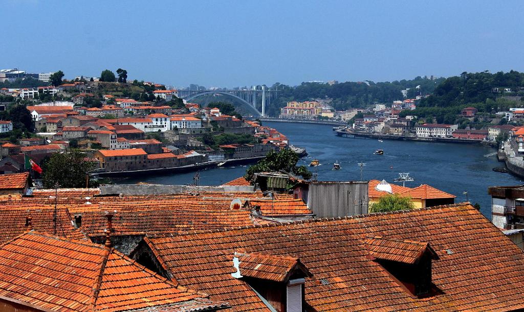 a view of a river and a city with roofs at Oporto River and Ribeira Views in Vila Nova de Gaia