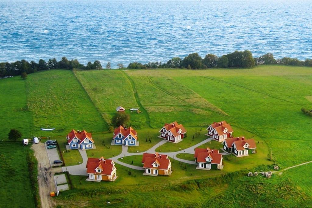 een groep huizen in een veld naast het water bij Holiday village Mamry directly on the lake in Trygort in Trygort