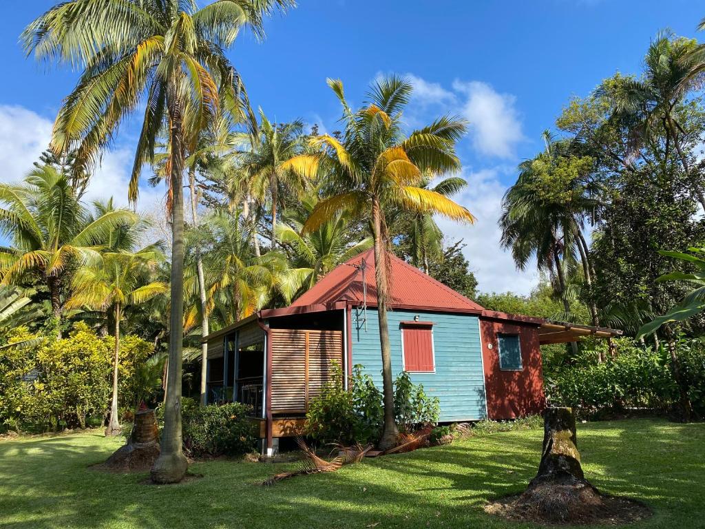 a small house in a yard with palm trees at Cana Suc in Sainte-Rose