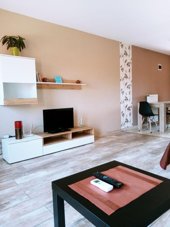 sala de estar con TV y mesa en Liliána Apartman, en Cserkeszőlő