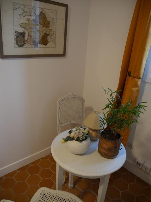 a small white table with a plant on it at Le champ de l&#39;eau in Crécy-la-Chapelle