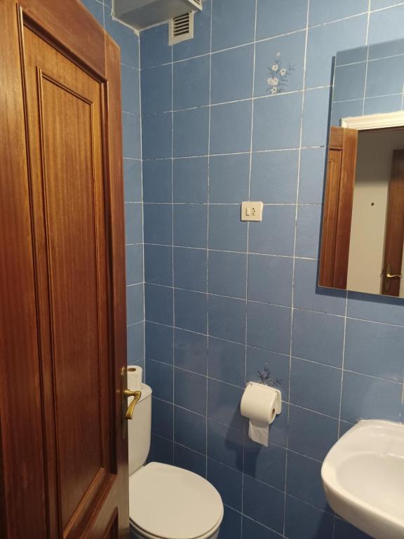 a blue bathroom with a toilet and a sink at Hostal Forest in Santiago de Compostela